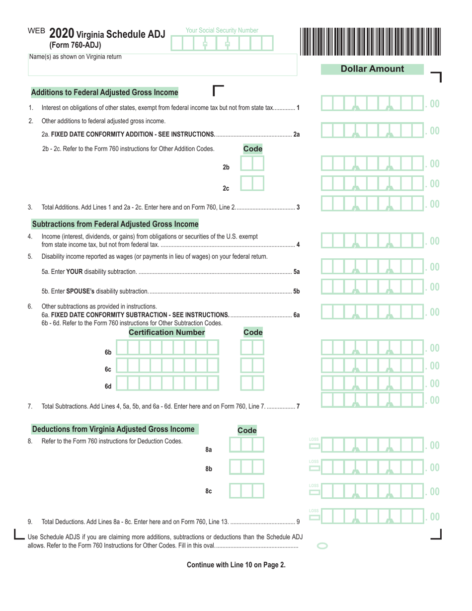 Form 760-ADJ Schedule ADJ Virginia Schedule of Adjustments - Virginia, Page 1