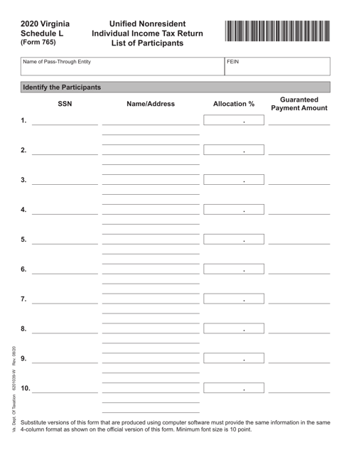 Form 765 Schedule L 2020 Printable Pdf
