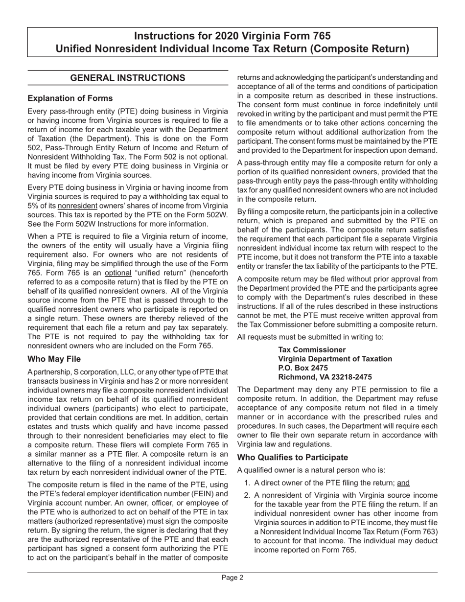 Instructions for Form 765 Unified Nonresident Individual Income Tax Return (Composite Return) - Virginia, Page 3