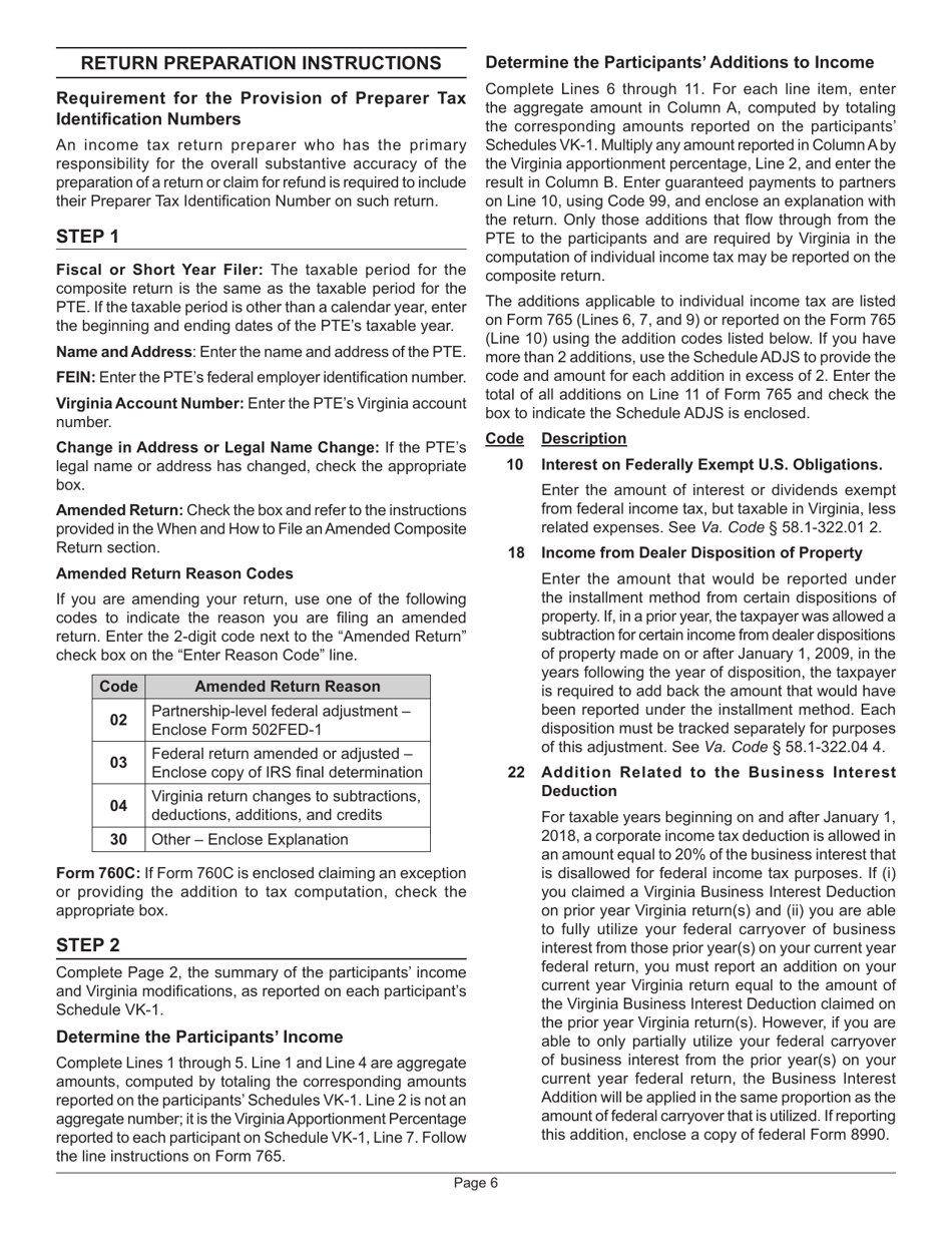 Instructions for Form 765 Unified Nonresident Individual Income Tax Return (Composite Return) - Virginia, Page 7