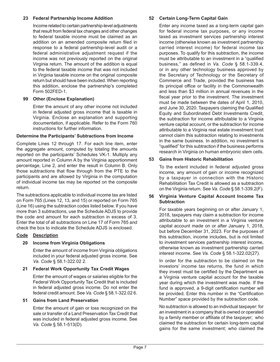 Instructions for Form 765 Unified Nonresident Individual Income Tax Return (Composite Return) - Virginia, Page 8