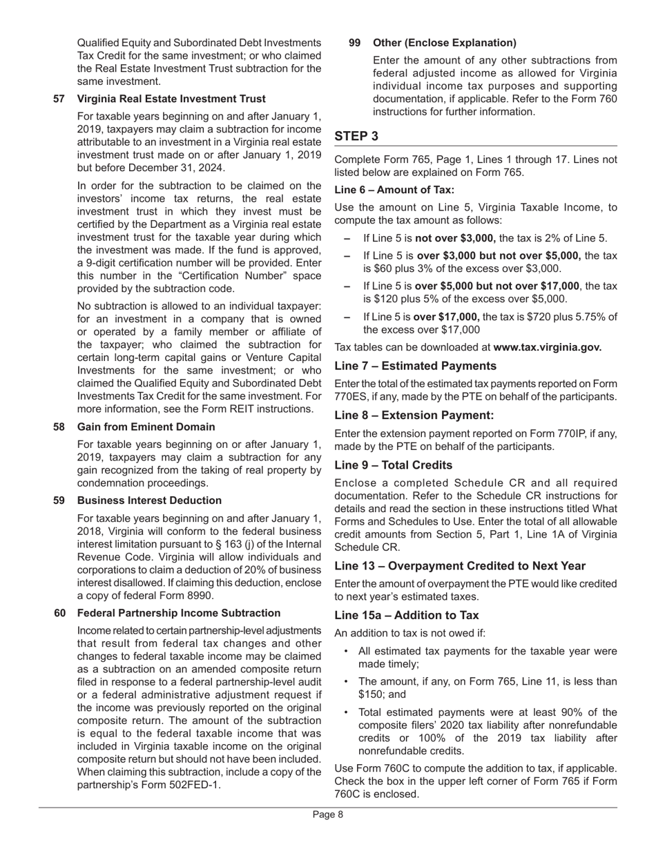 Instructions for Form 765 Unified Nonresident Individual Income Tax Return (Composite Return) - Virginia, Page 9