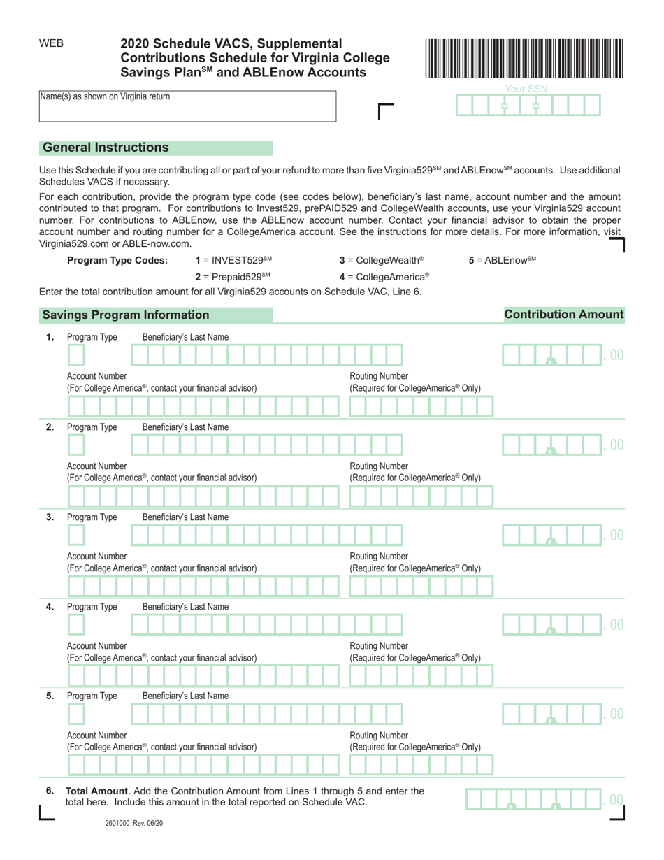 Schedule VACS Supplemental Contributions Schedule for the Virginia College Savings Plan and Ablenow Accounts - Virginia, Page 1