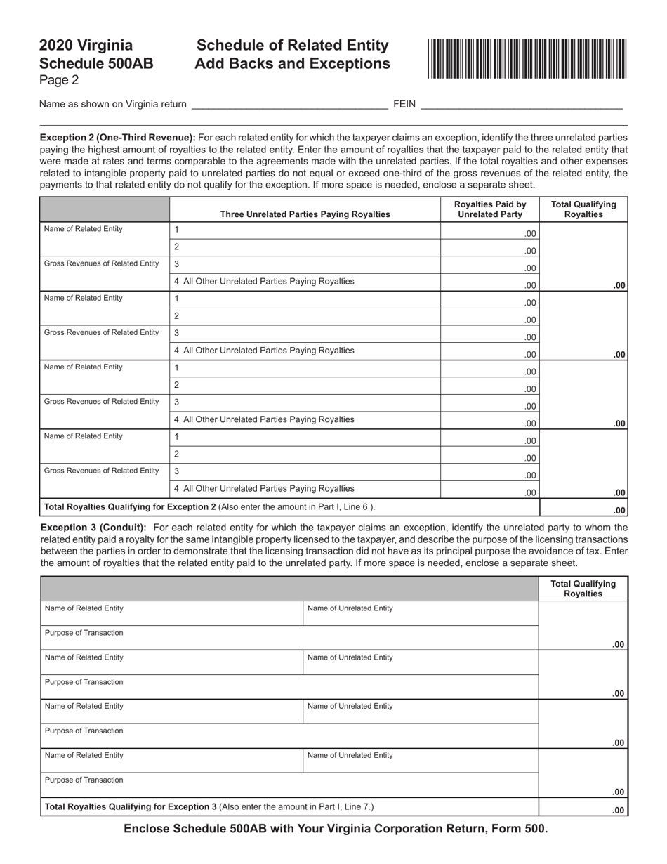 Schedule 500AB Schedule of Related Entity Add Backs and Exceptions - Virginia, Page 2