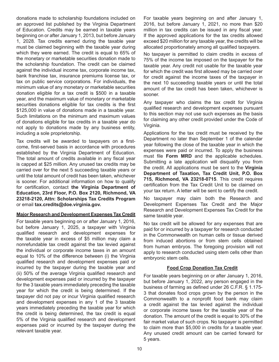 Instructions for Schedule CR Credit Computation Schedule - Virginia, Page 10