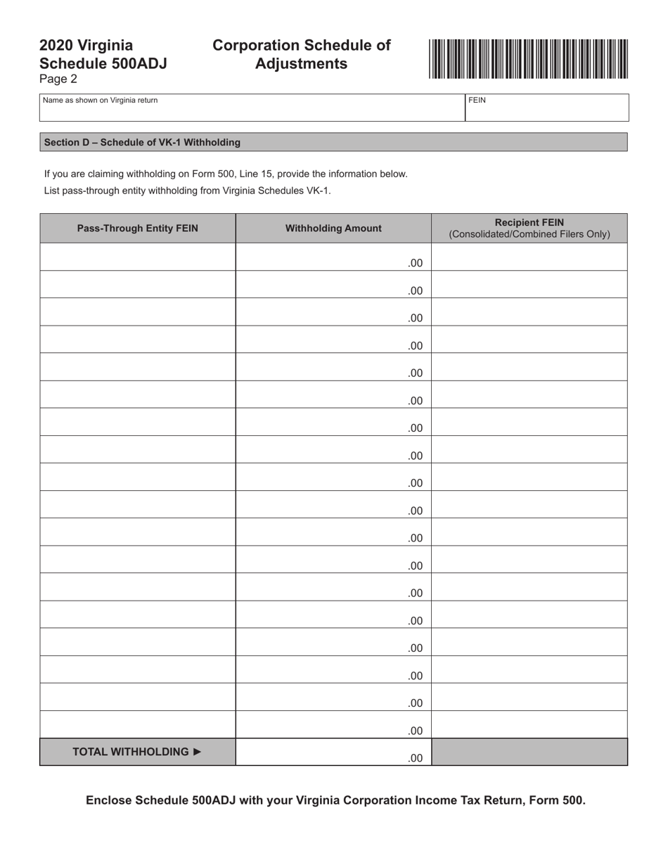 Schedule 500ADJ Corporation Schedule of Adjustments - Virginia, Page 2