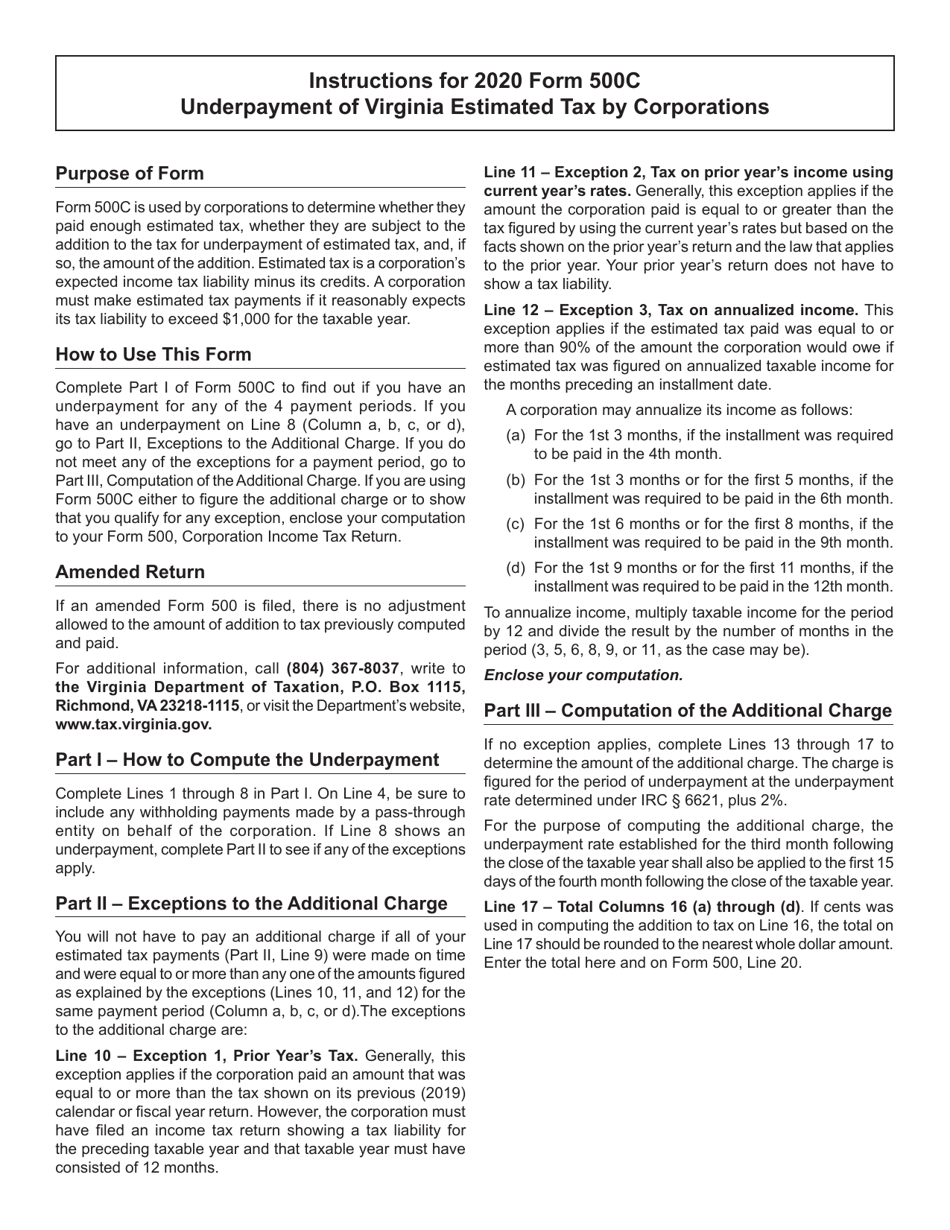 Form 500C Underpayment of Virginia Estimated Tax by Corporations - Virginia, Page 2