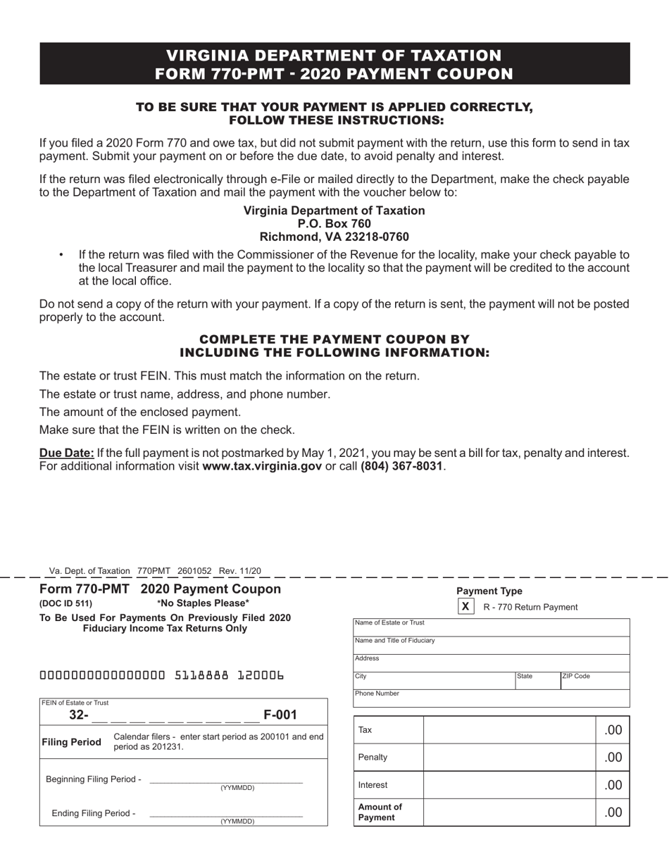 Form 770-PMT Payment Coupon - Virginia, Page 1