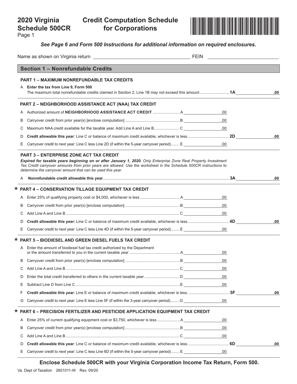 Schedule 500CR Credit Computation Schedule for Corporations - Virginia, Page 1