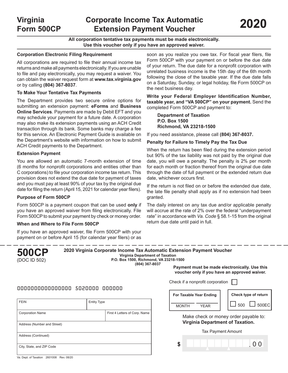 Form 500CP Corporate Income Tax Automatic Extension Payment Voucher - Virginia, Page 1