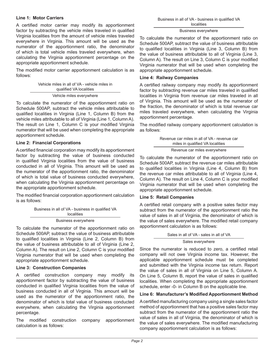 Instructions for Schedule 500AP Modified Apportionment Schedule for Vedp-Certified Companies - Virginia, Page 2
