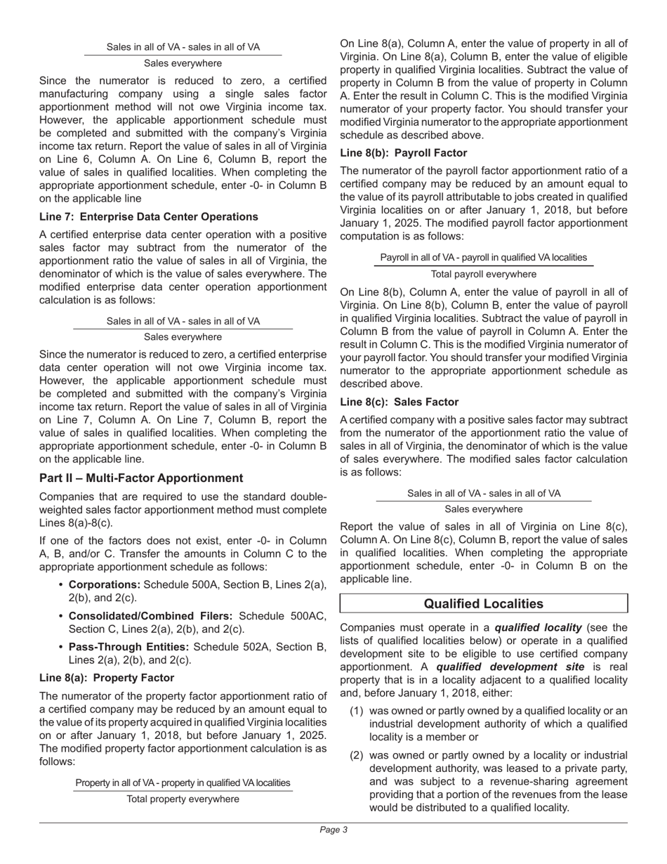Instructions for Schedule 500AP Modified Apportionment Schedule for Vedp-Certified Companies - Virginia, Page 3