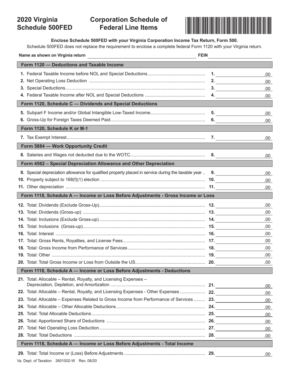 Schedule 500FED Corporation Schedule of Federal Line Items - Virginia, Page 1