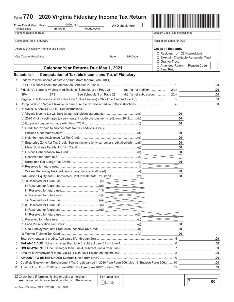 Form 770 Virginia Fiduciary Income Tax Return - Virginia, Page 1