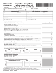 Form 502 Schedule VK-1 &quot;Virginia Pass-Through Entity Owner's Share of Income and Virginia Modifications and Credits&quot; - Virginia, 2020