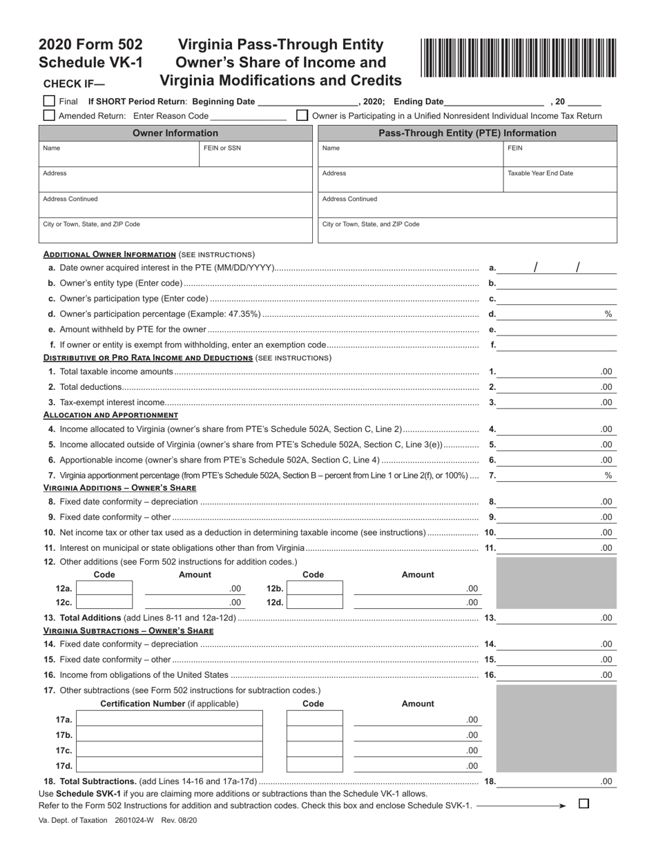 Form 502 Schedule VK-1 Virginia Pass-Through Entity Owners Share of Income and Virginia Modifications and Credits - Virginia, Page 1