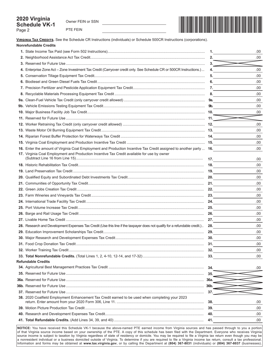 Form 502 Schedule VK-1 Virginia Pass-Through Entity Owners Share of Income and Virginia Modifications and Credits - Virginia, Page 2