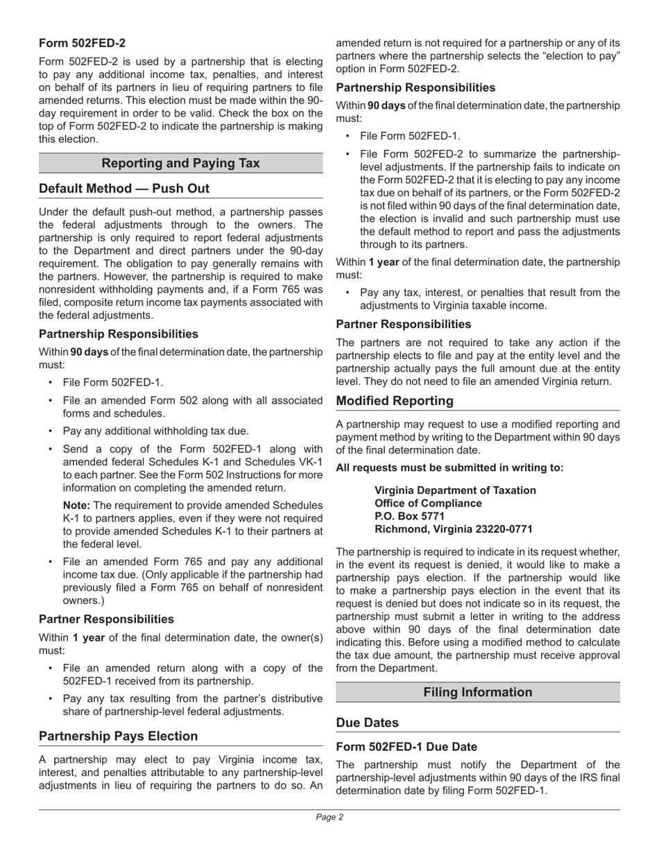 Instructions for Form 502FED-1 Virginia Partnership-Level Federal Adjustments Report - Virginia, Page 2