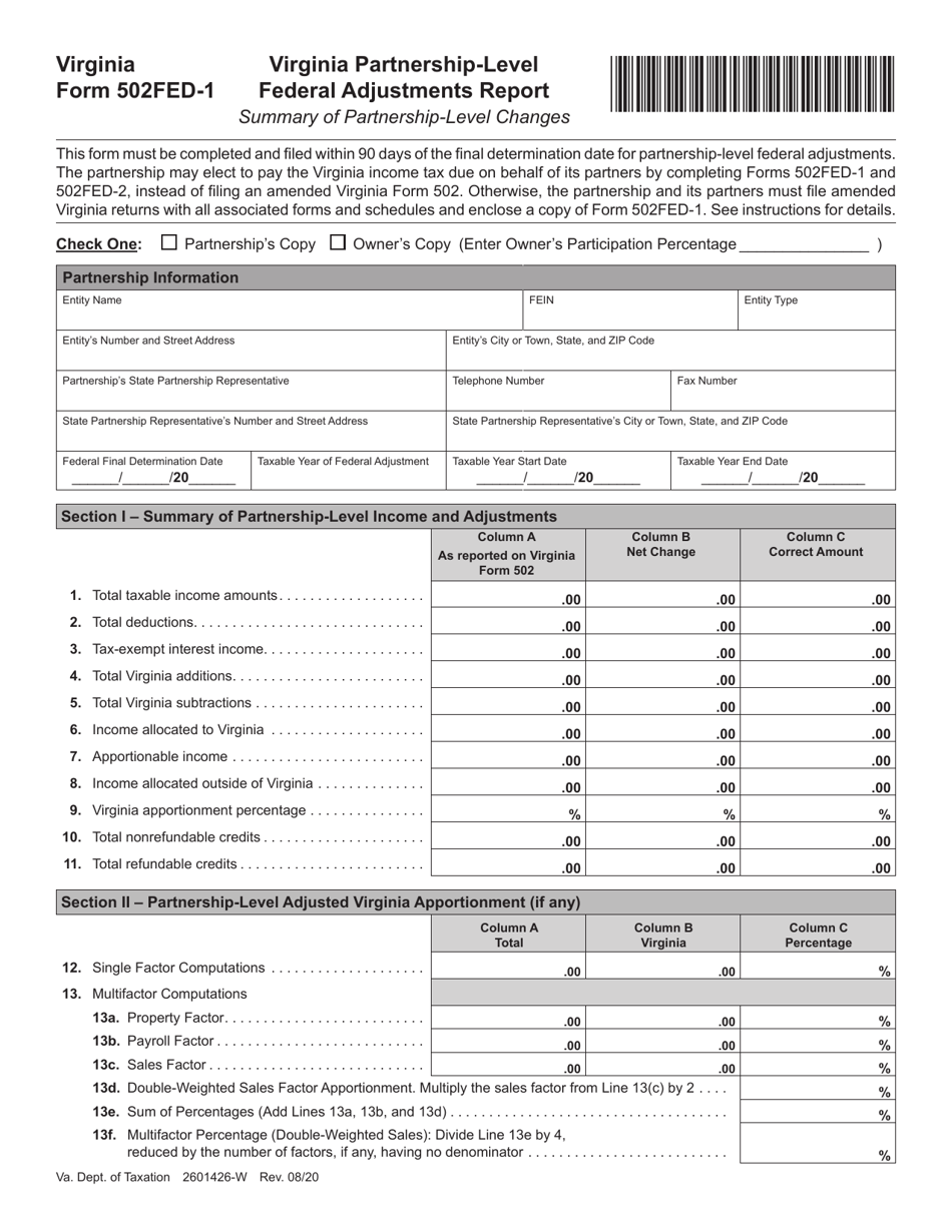 Form 502FED-1 Virginia Partnership-Level Federal Adjustments Report - Virginia, Page 1