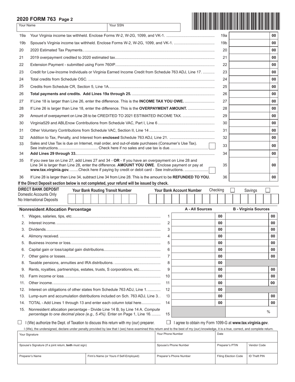 Form 763 Virginia Nonresident Income Tax Return - Virginia, Page 2