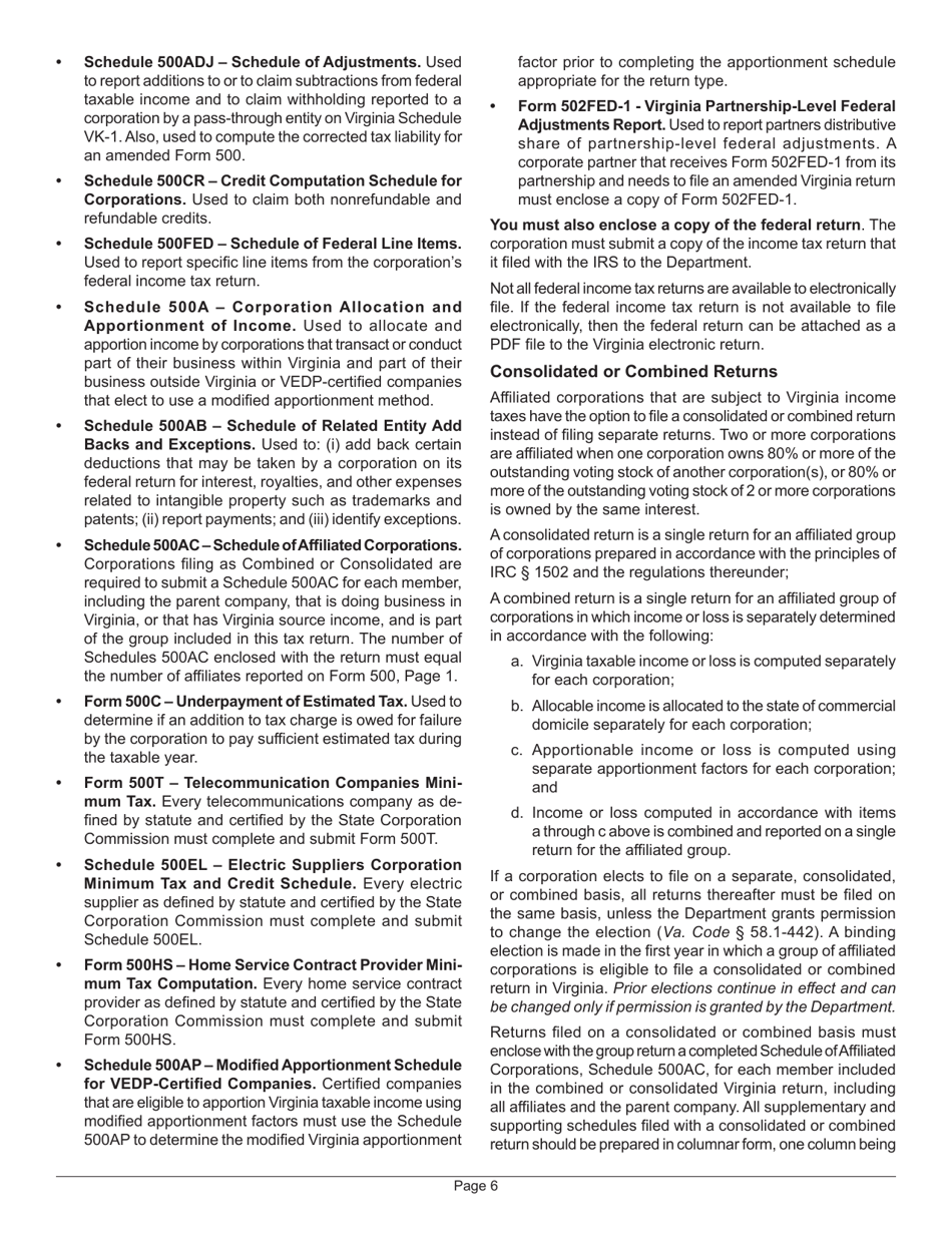 Instructions for Form 500 Virginia Corporation Income Tax Return - Virginia, Page 10