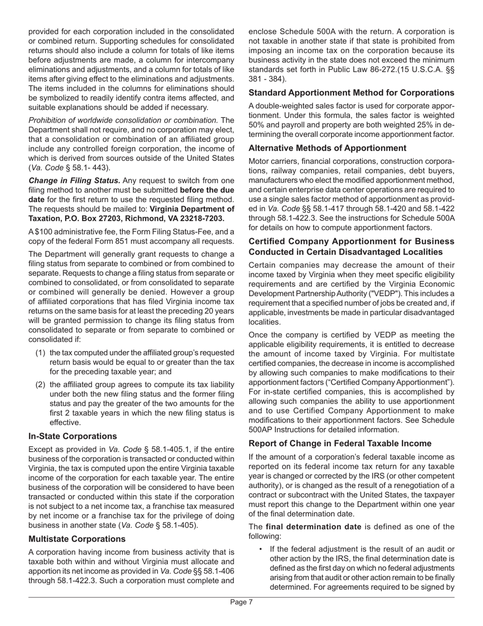 Instructions for Form 500 Virginia Corporation Income Tax Return - Virginia, Page 11
