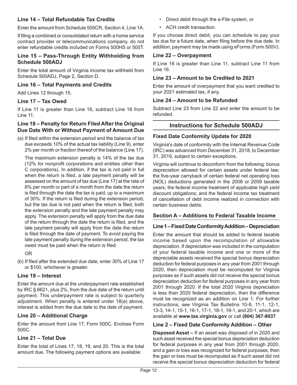 Instructions for Form 500 Virginia Corporation Income Tax Return - Virginia, Page 16