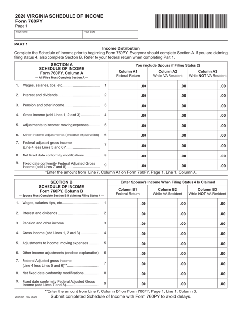 Form 760PY Virginia Schedule of Income - Virginia, 2020