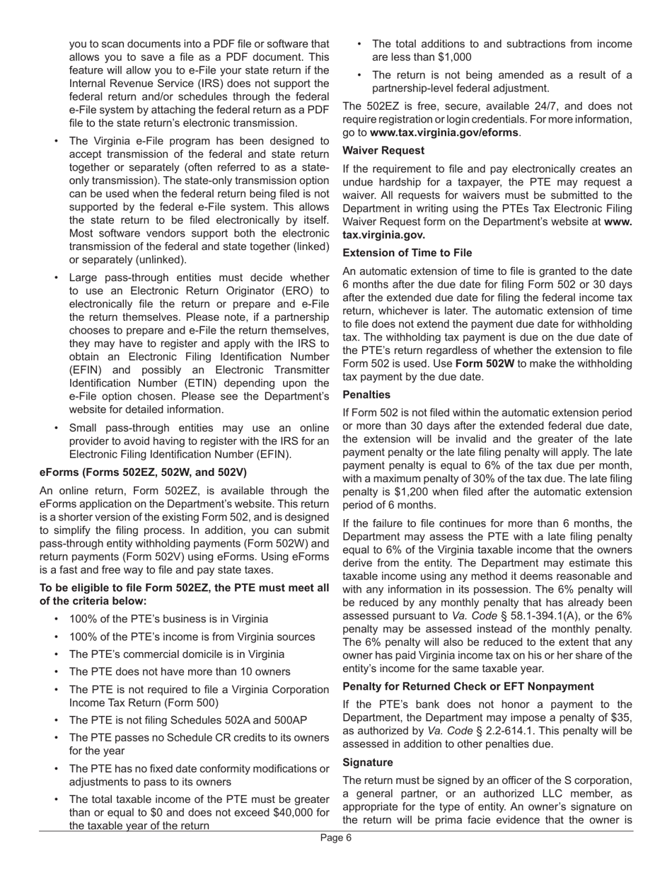 Instructions for Form 502 Virginia Pass-Through Entity Return of Income and Return of Nonresident Withholding Tax - Virginia, Page 10