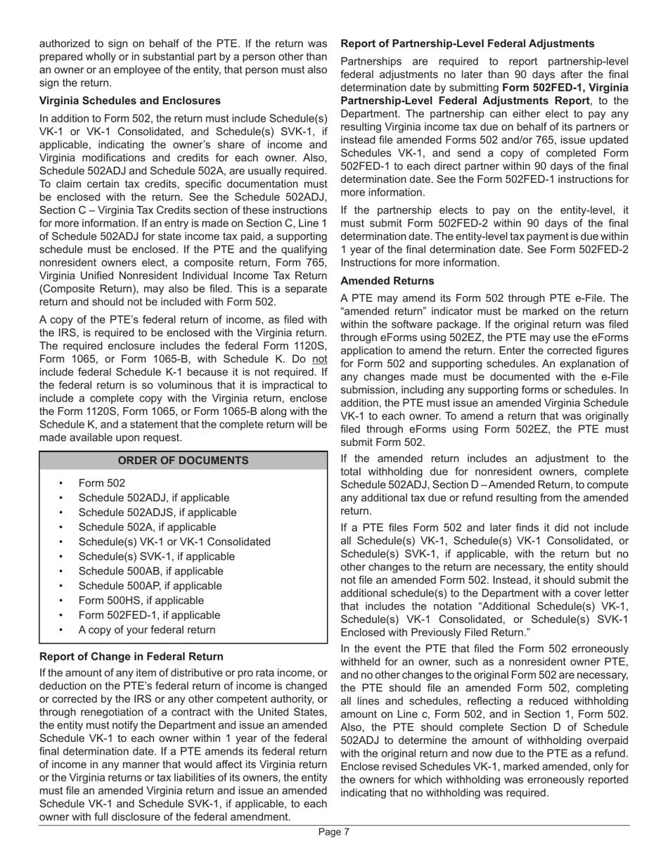 Instructions for Form 502 Virginia Pass-Through Entity Return of Income and Return of Nonresident Withholding Tax - Virginia, Page 11