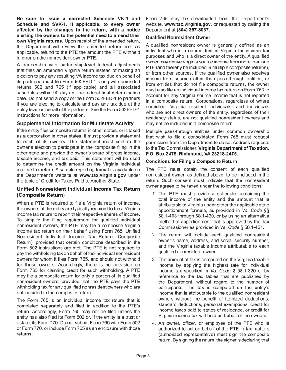 Instructions for Form 502 Virginia Pass-Through Entity Return of Income and Return of Nonresident Withholding Tax - Virginia, Page 12