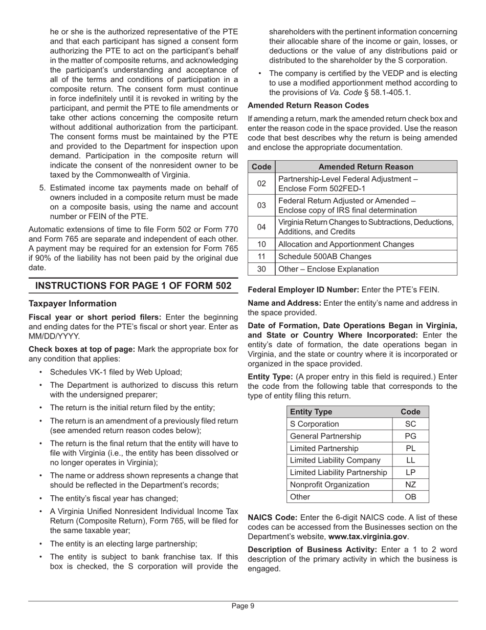 Instructions for Form 502 Virginia Pass-Through Entity Return of Income and Return of Nonresident Withholding Tax - Virginia, Page 13
