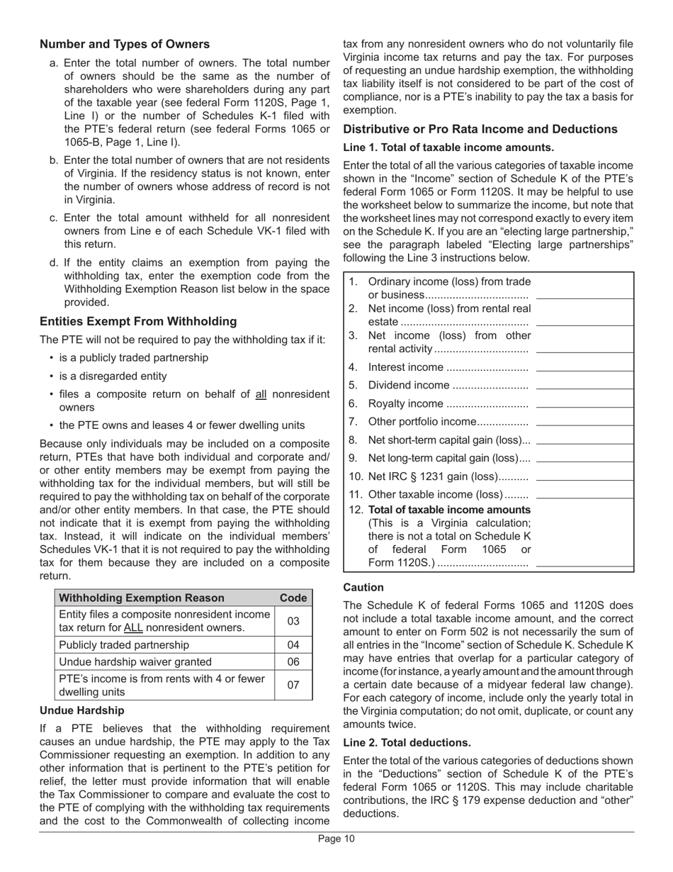 Instructions for Form 502 Virginia Pass-Through Entity Return of Income and Return of Nonresident Withholding Tax - Virginia, Page 14