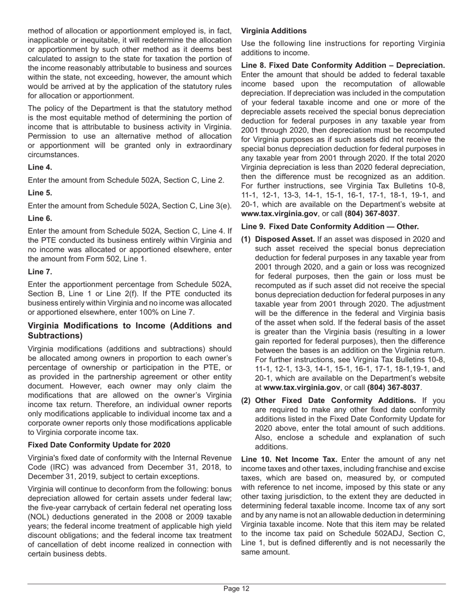 Instructions for Form 502 Virginia Pass-Through Entity Return of Income and Return of Nonresident Withholding Tax - Virginia, Page 16