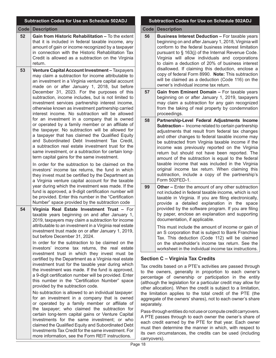 Instructions for Form 502 Virginia Pass-Through Entity Return of Income and Return of Nonresident Withholding Tax - Virginia, Page 22
