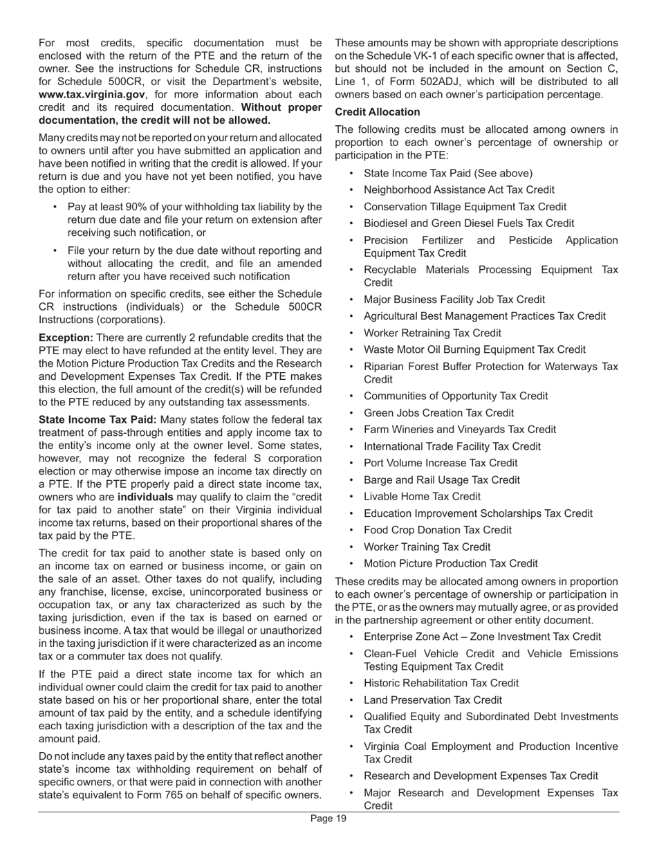 Instructions for Form 502 Virginia Pass-Through Entity Return of Income and Return of Nonresident Withholding Tax - Virginia, Page 23