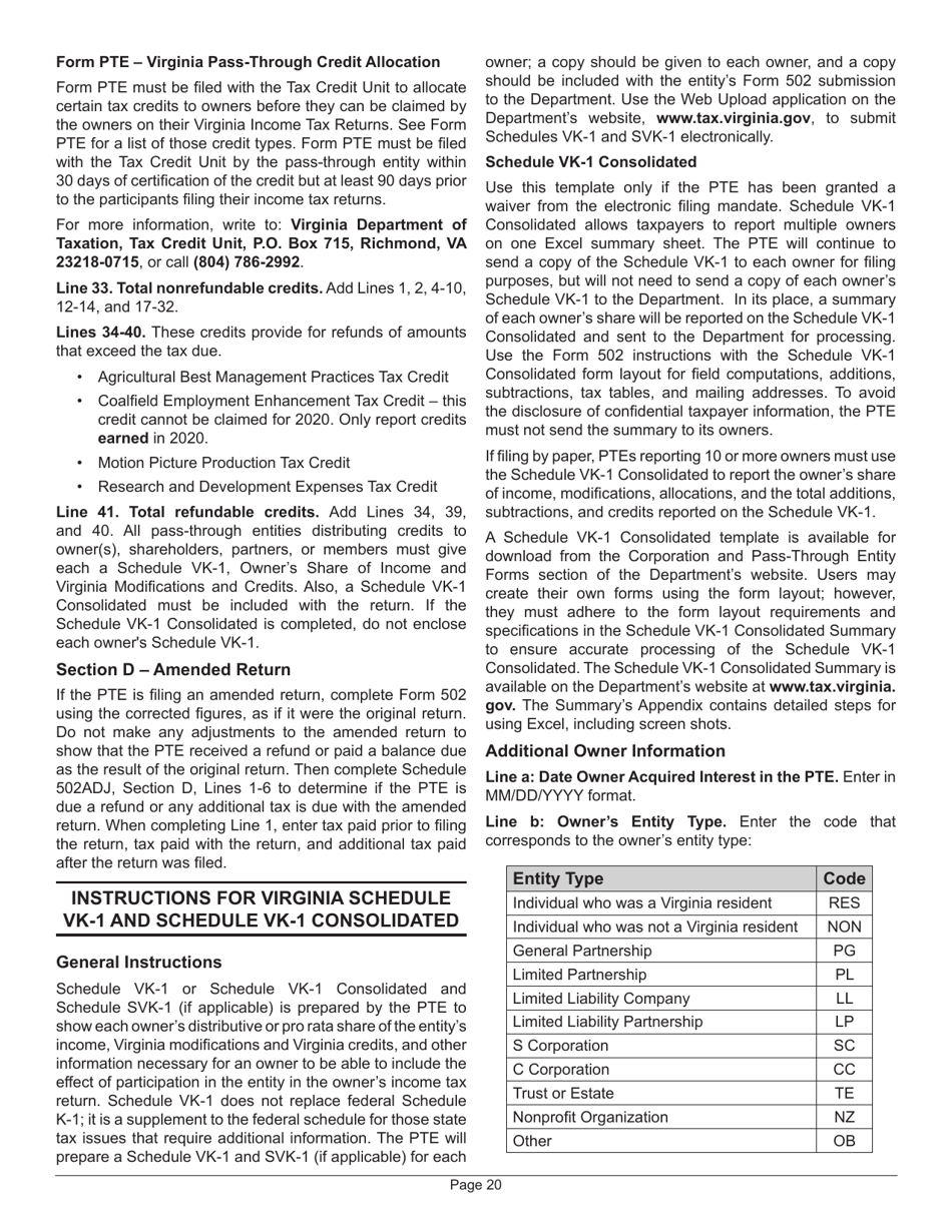 Instructions for Form 502 Virginia Pass-Through Entity Return of Income and Return of Nonresident Withholding Tax - Virginia, Page 24