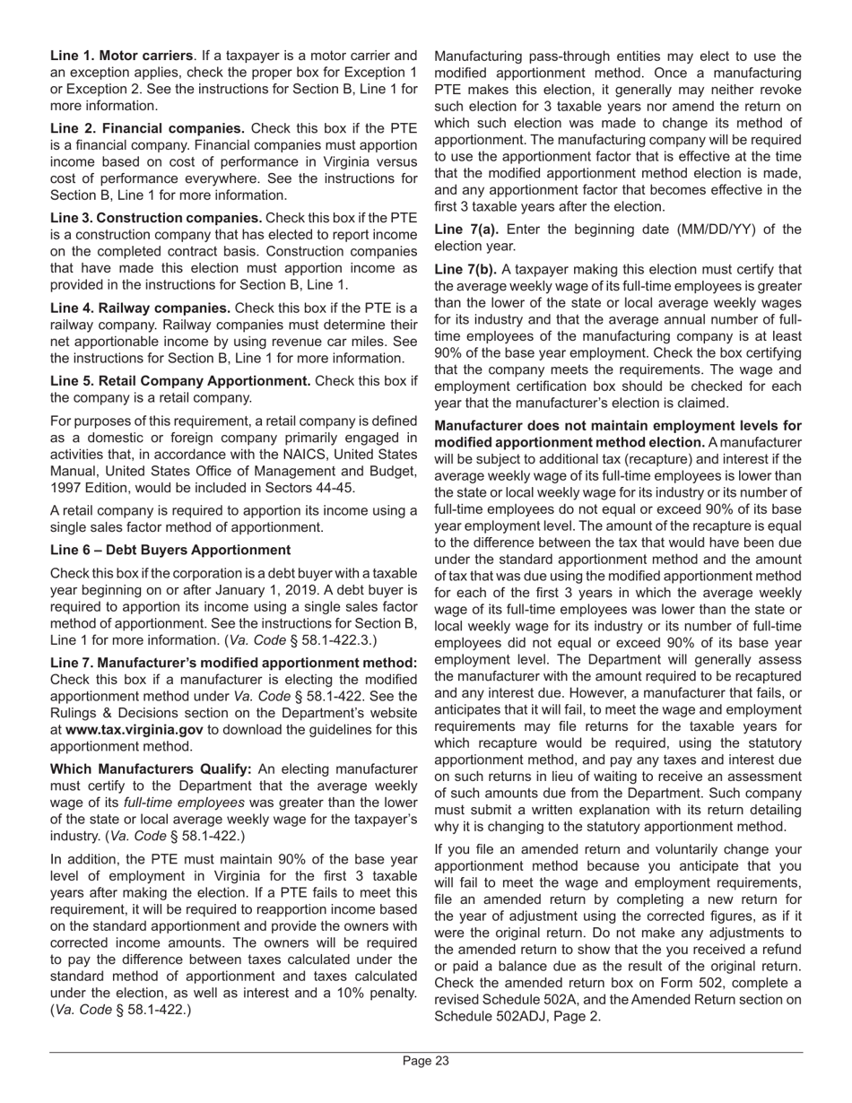 Instructions for Form 502 Virginia Pass-Through Entity Return of Income and Return of Nonresident Withholding Tax - Virginia, Page 27