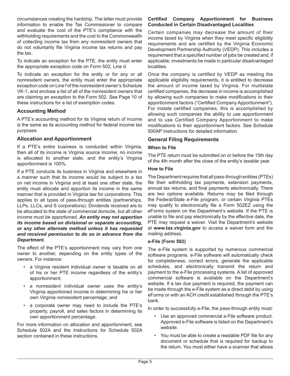 Instructions for Form 502 Virginia Pass-Through Entity Return of Income and Return of Nonresident Withholding Tax - Virginia, Page 9