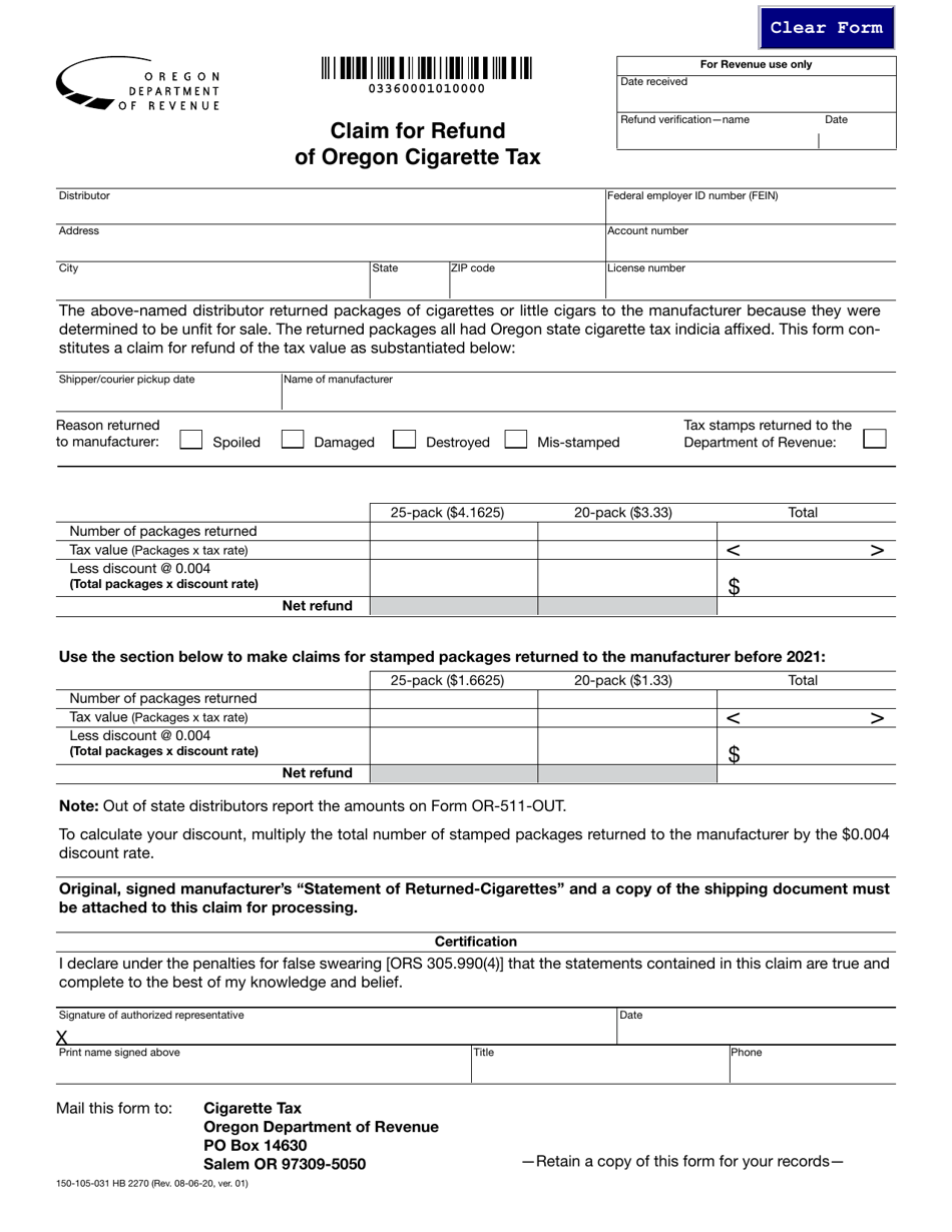 Form 150-105-031 Claim for Refund of Oregon Cigarette Tax - Oregon, Page 1