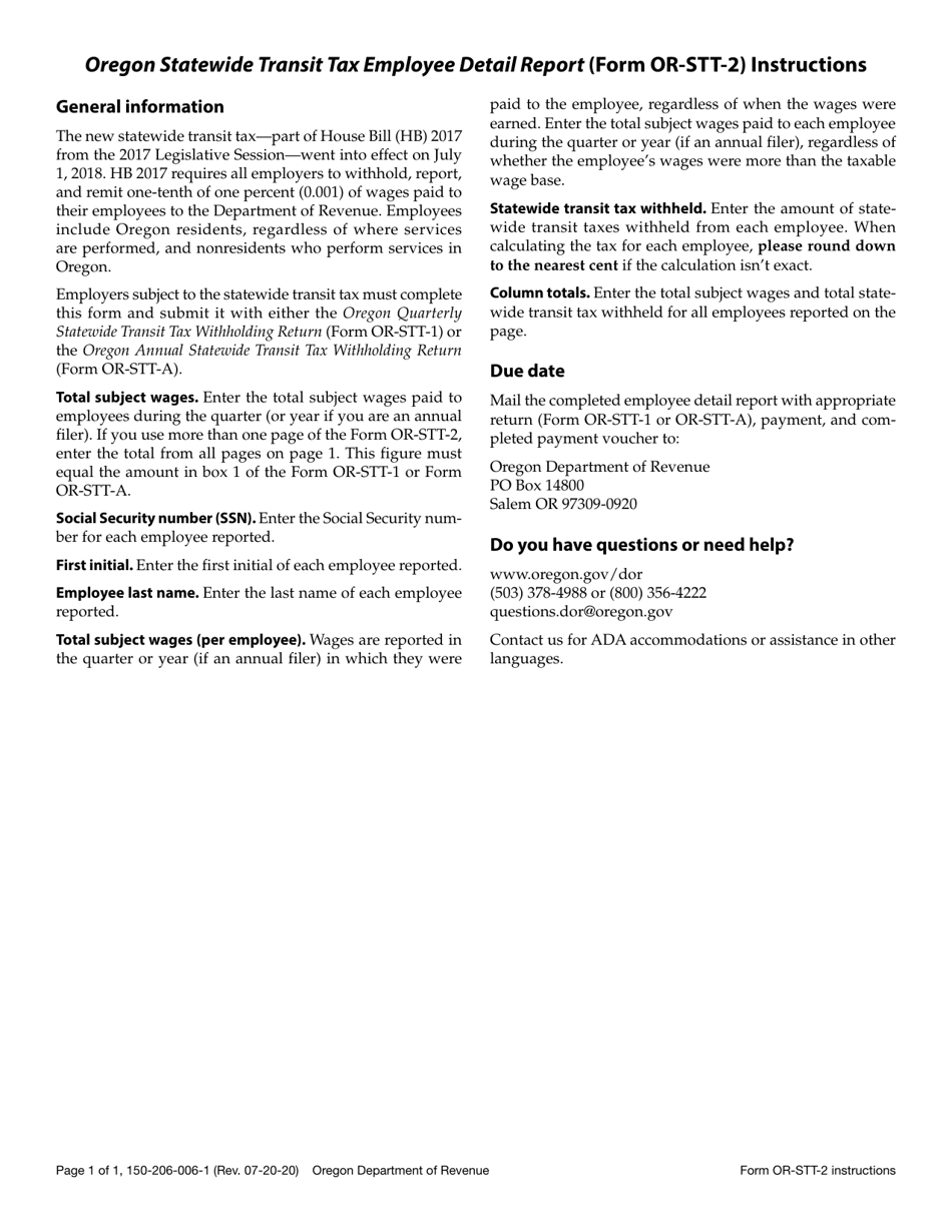 Instructions for Form OR-STT-2, 150-206-006 Statewide Transit Tax Employee Detail Report - Oregon, Page 1