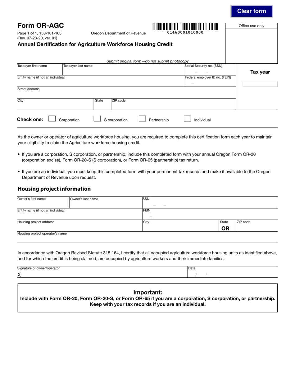 Form OR-AGC (150-101-163) Annual Certification for Agriculture Workforce Housing Credit - Oregon, Page 1