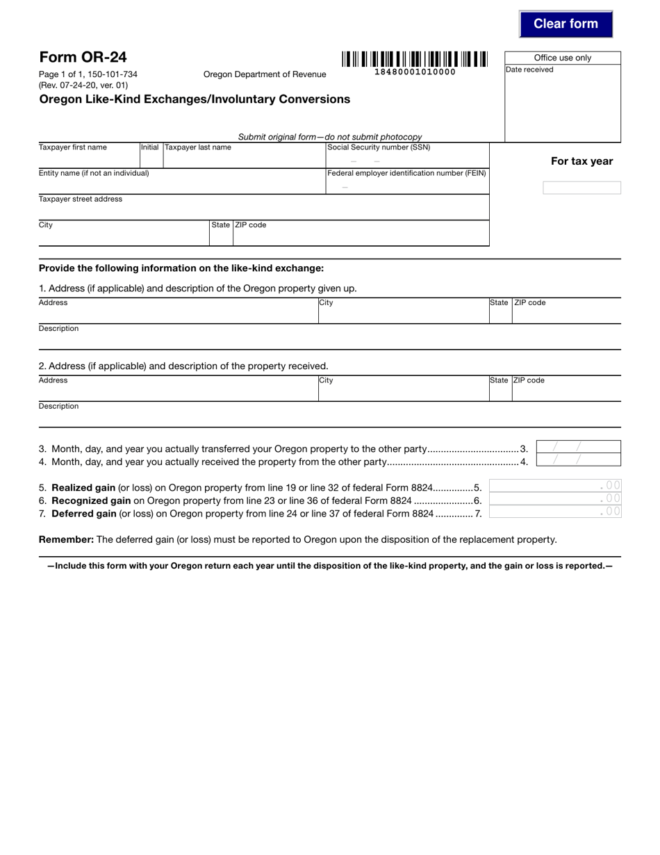 Form OR-24 (150-101-734) Oregon Like-Kind Exchanges / Involuntary Conversions - Oregon, Page 1