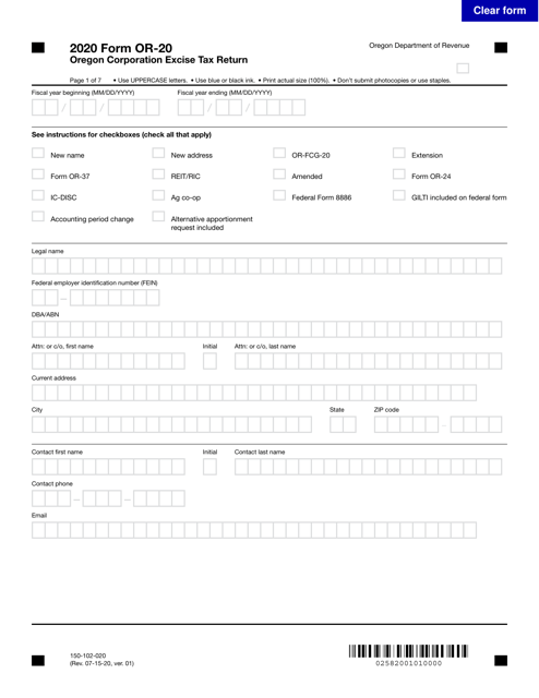 Form OR-20 (150-102-020) 2020 Printable Pdf