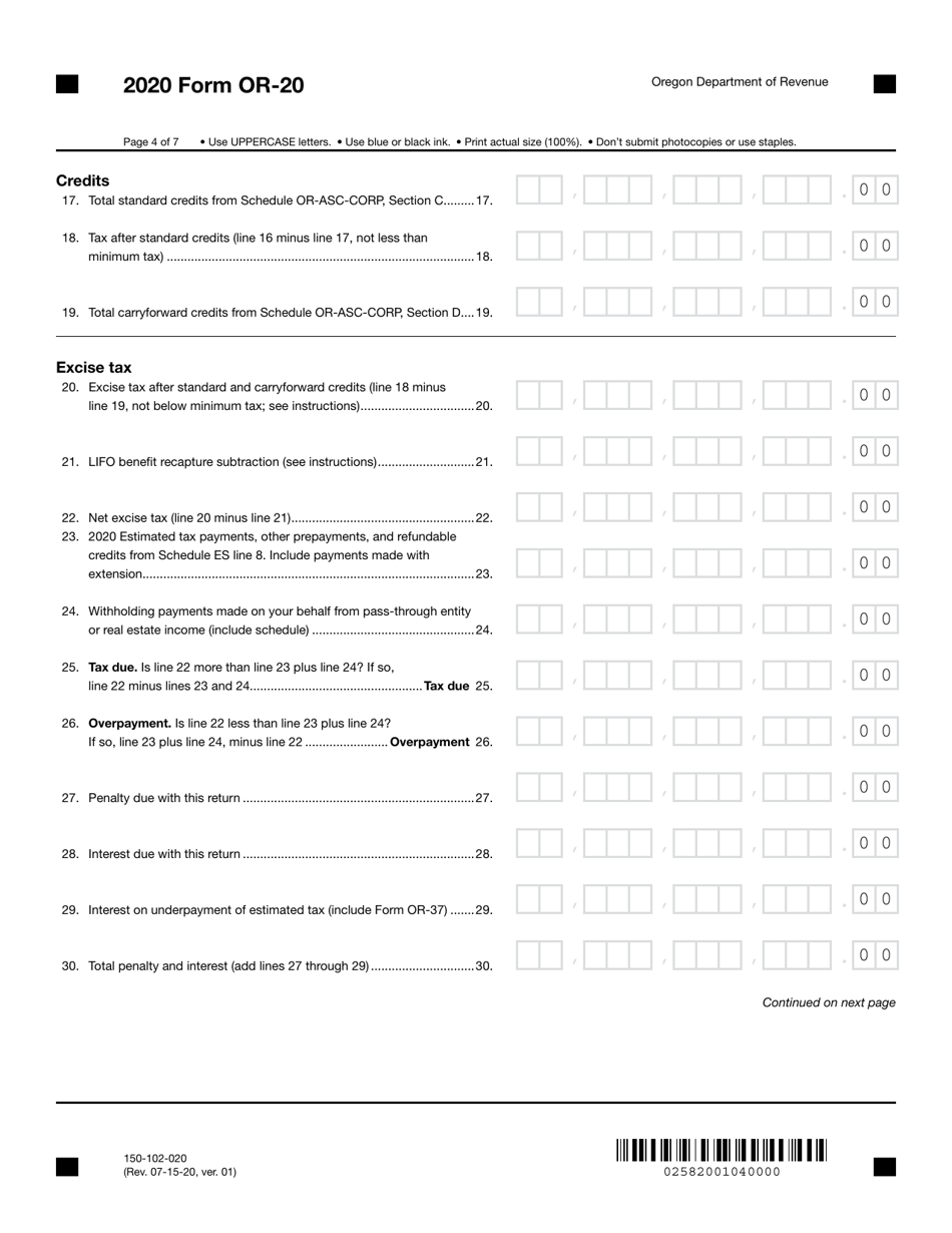 Form OR-20 (150-102-020) Oregon Corporation Excise Tax Return - Oregon, Page 4