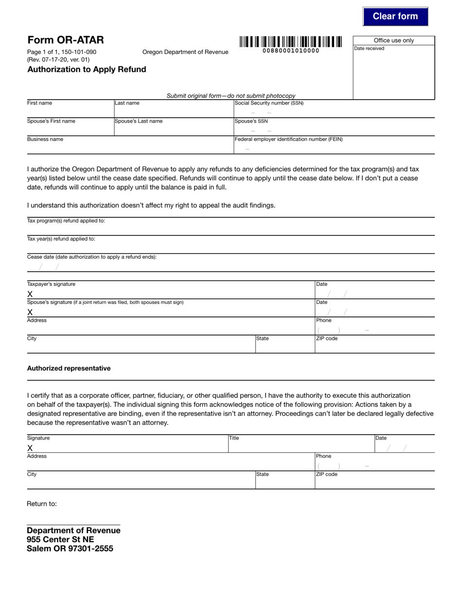 Form OR-ATAR (150-101-090) Authorization to Apply Refund - Oregon, Page 1