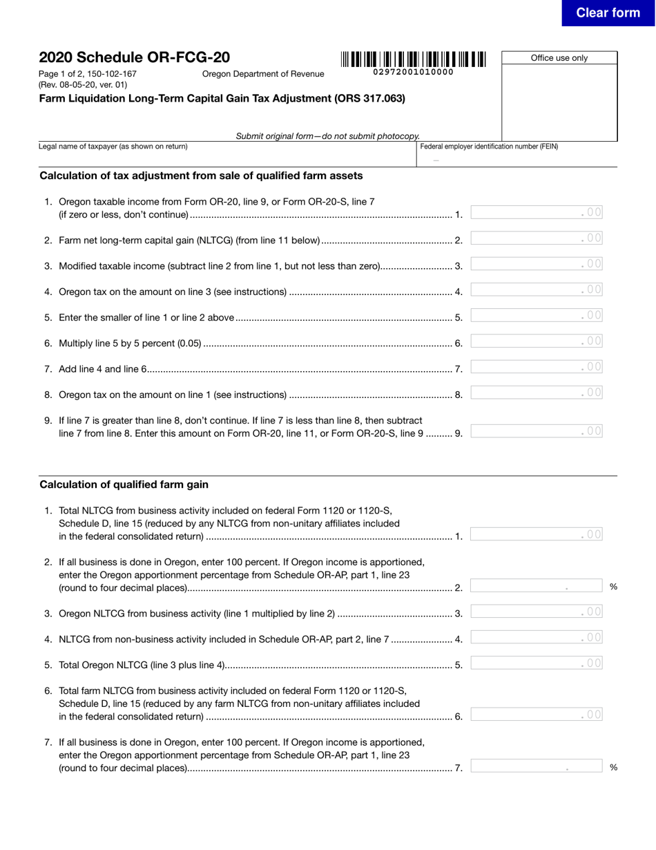 Form 150-102-167 Schedule OR-FCG-20 Farm Liquidation Long-Term Capital Gain Tax Adjustment (Ors 317.063) - Oregon, Page 1