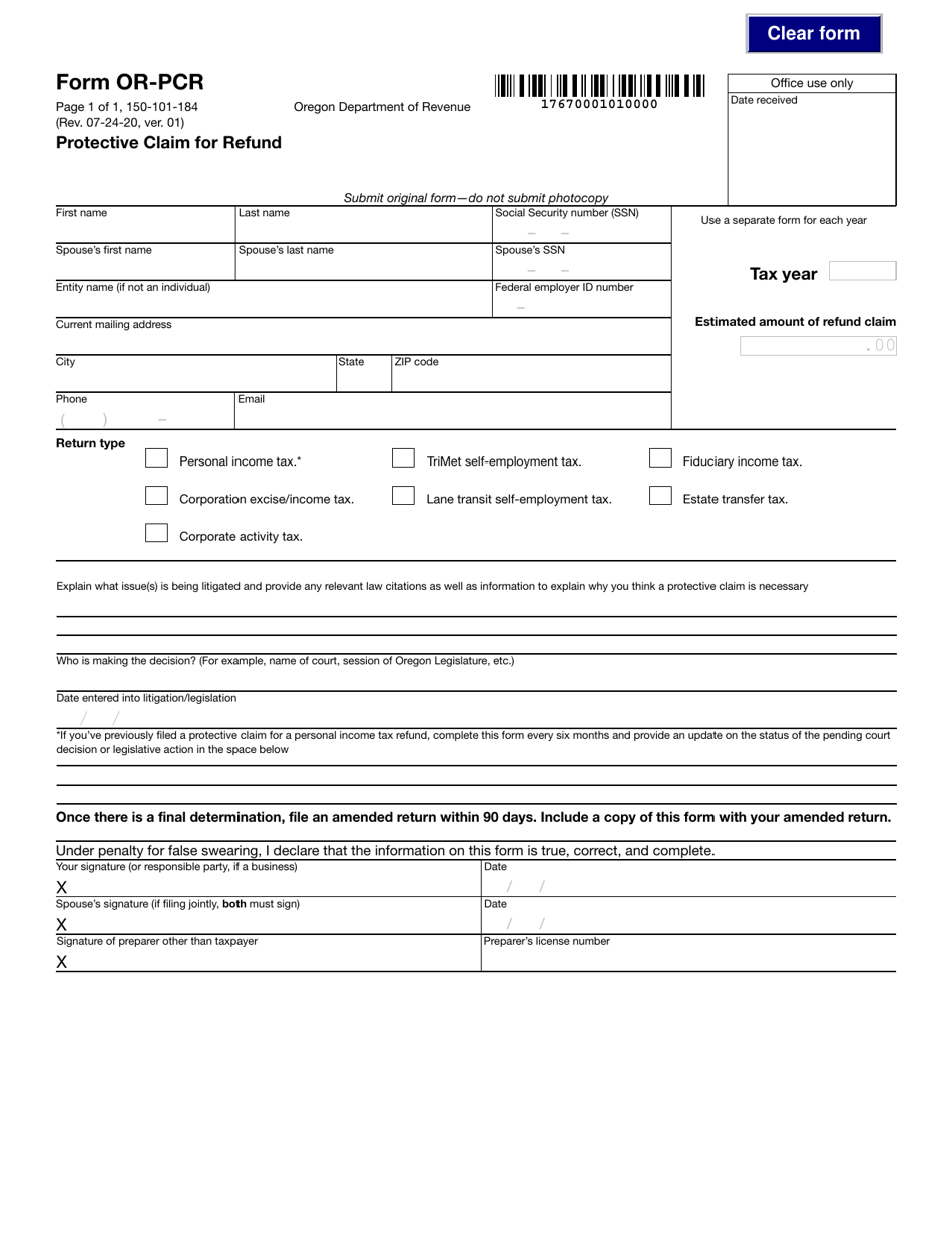 Form OR-PCR (150-101-184) Protective Claim for Refund - Oregon, Page 1