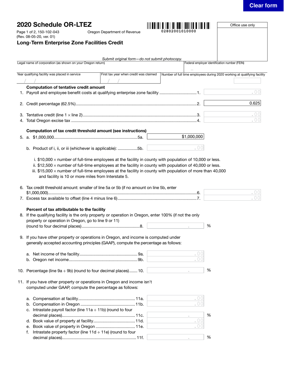 Form 150-102-043 Schedule OR-LTEZ Long-Term Enterprise Zone Facilities Credit - Oregon, Page 1