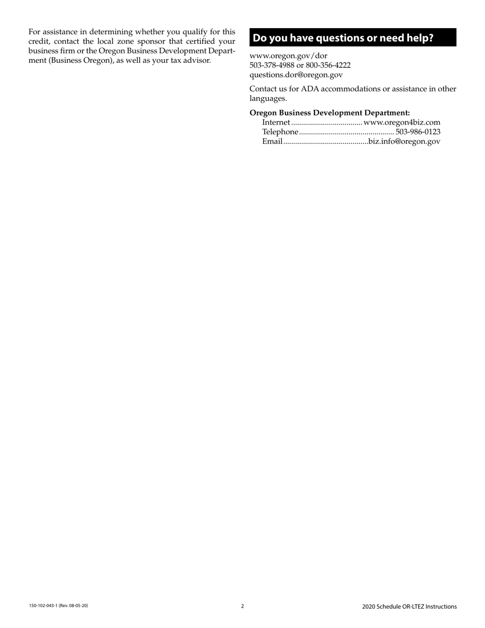 Instructions for Form 150-102-043 Schedule OR-LTEZ Long-Term Enterprise Zone Facilities Credit - Oregon, Page 2